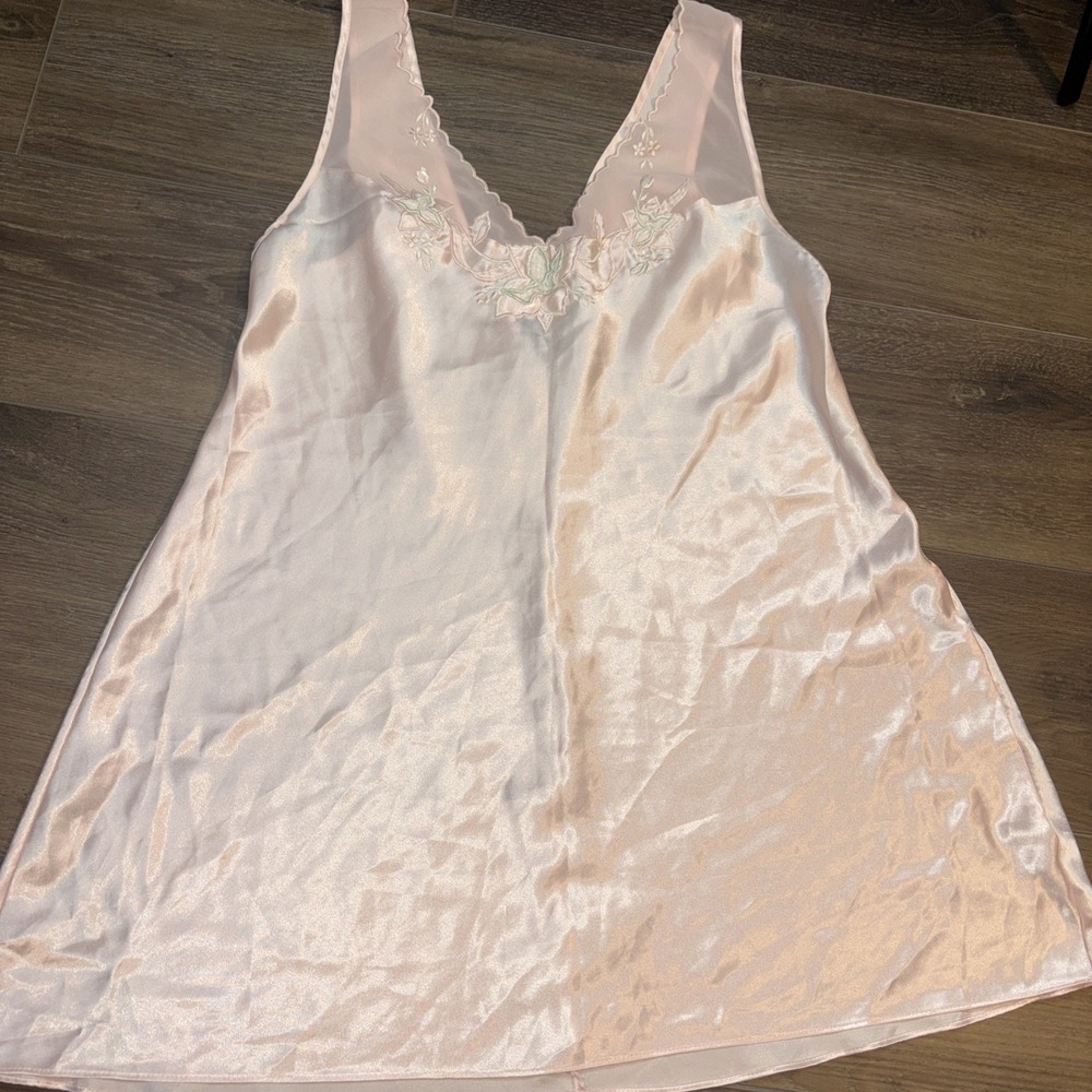 Vintage Val Mode Lingerie Peignoir Pink Mini Slip Dress Embroidered Large